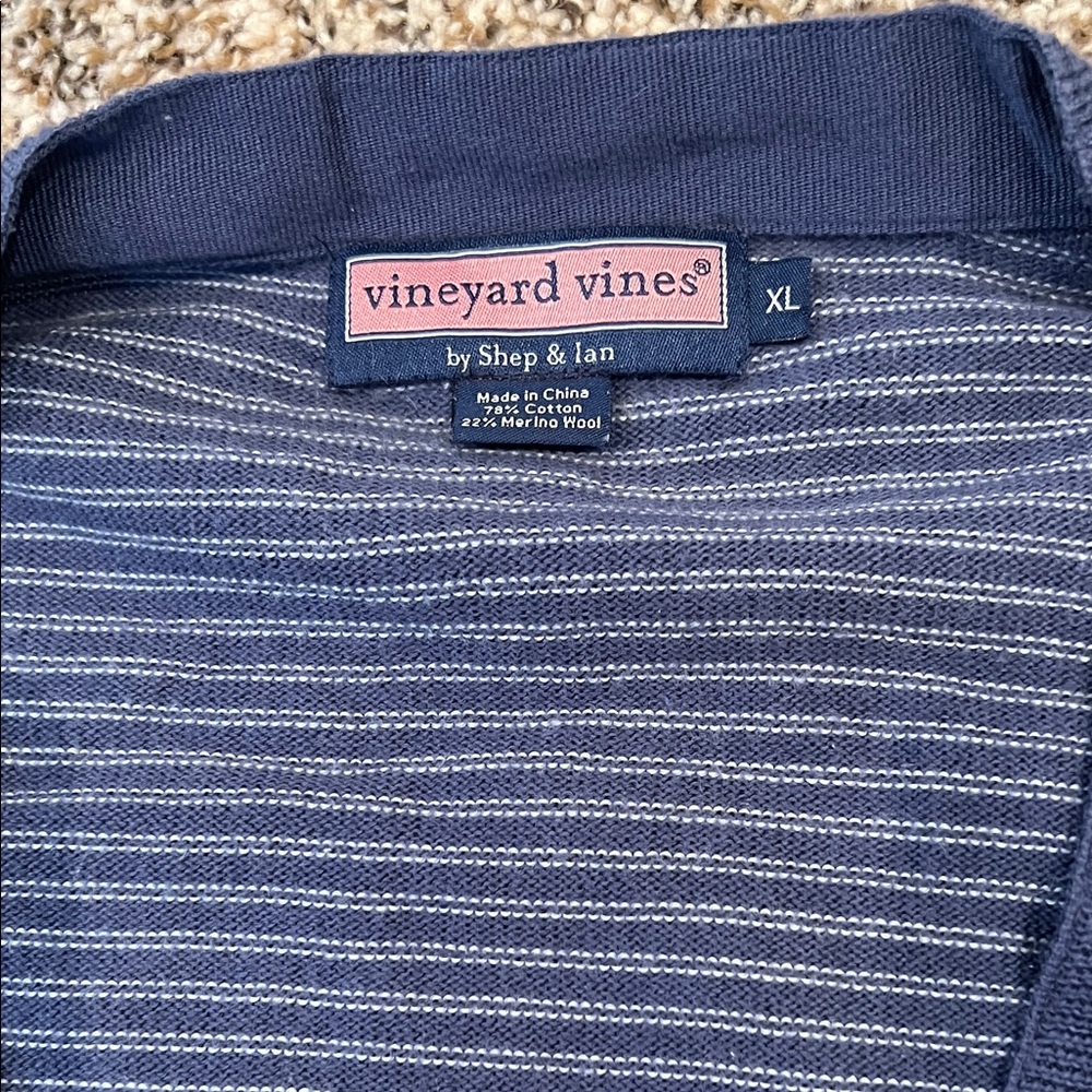 Vineyard Vines Men XL Navy Blue White Striped Cardigan 5 Button Cotton Wool Long - Picture 2 of 7